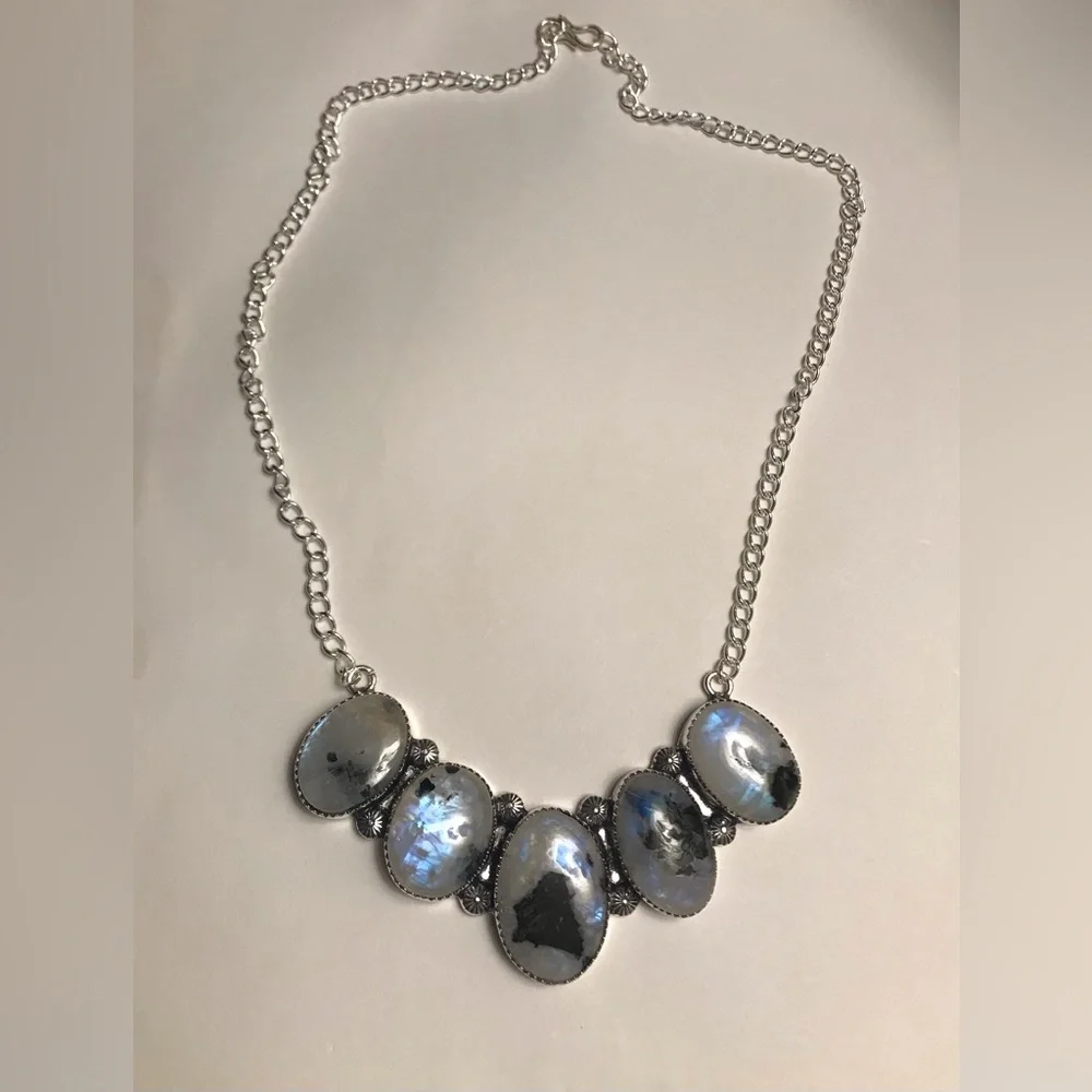 Rainbow Moonstone Stamped Solid 925 Sterling Silver Necklace